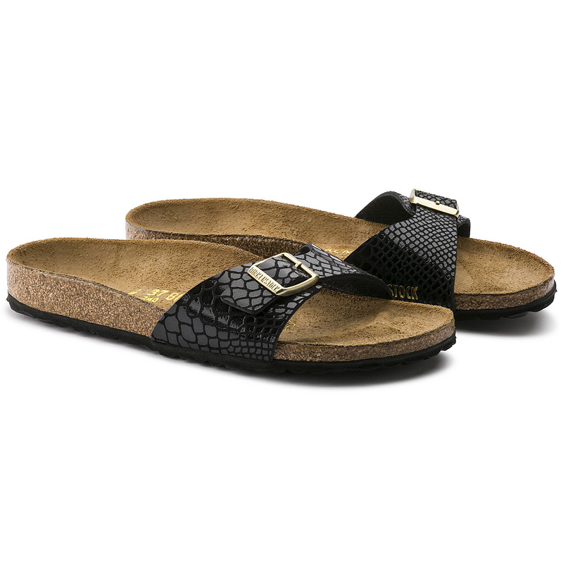 Birkenstock Madrid Snakeskin Pattern Black Sandals: Trendy & Comfy Footwear